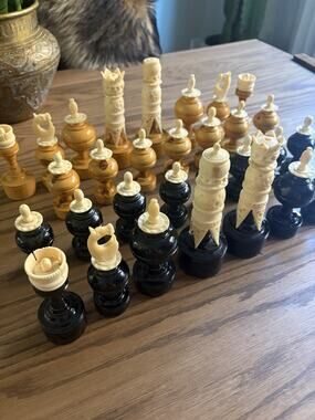 Vintage 1950s Handmade Mexican Carved Chess Set Pulpit Style Wood Bovine Bone